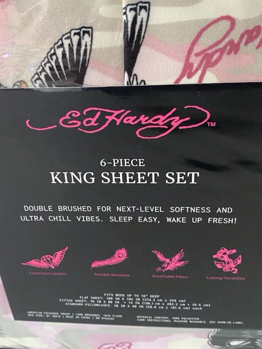 6 Piece Ed Hardy KING Size Sheet Set Pink‎ Grey Camo Eagle Tiger Logo NEW